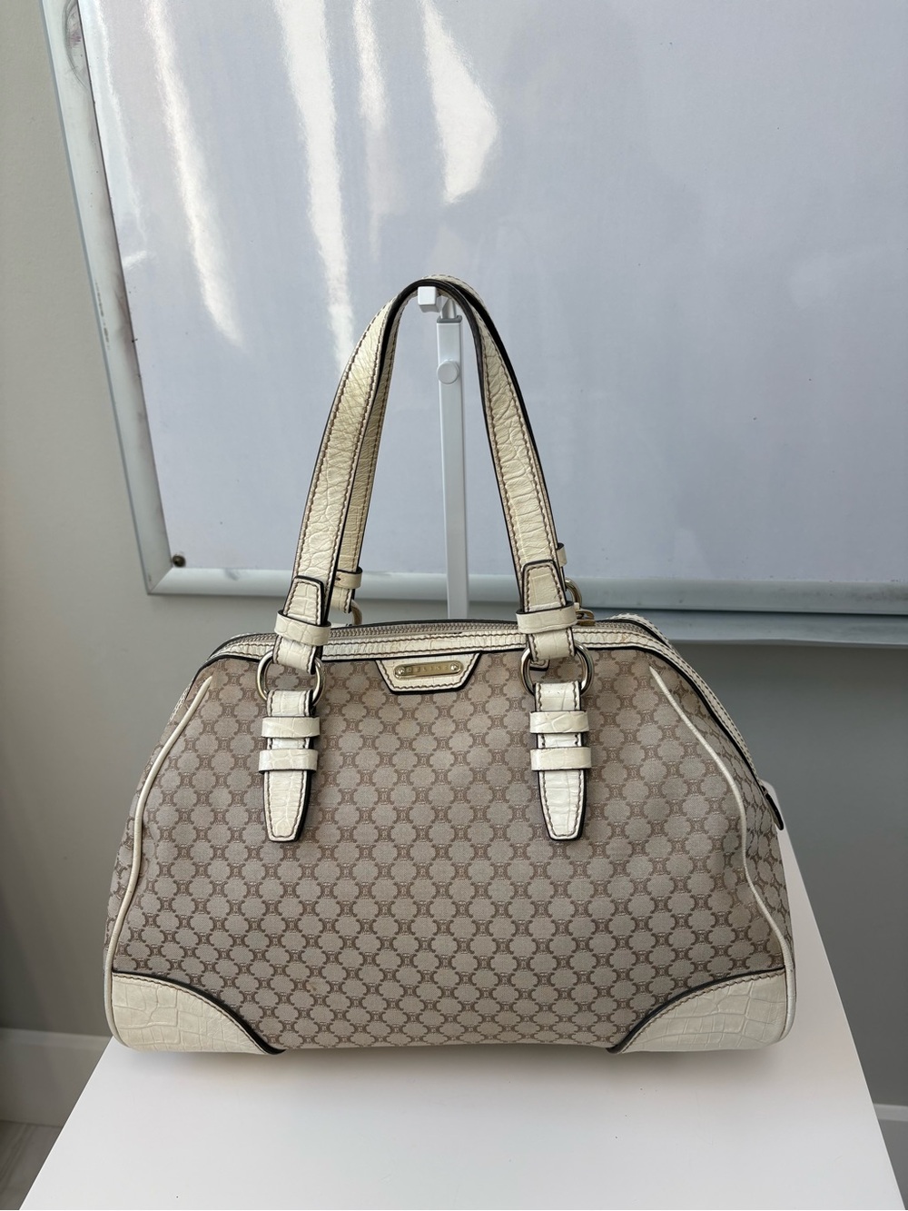 Celine Macadam Vintage Boston Cream Patterned Satchel Handbag